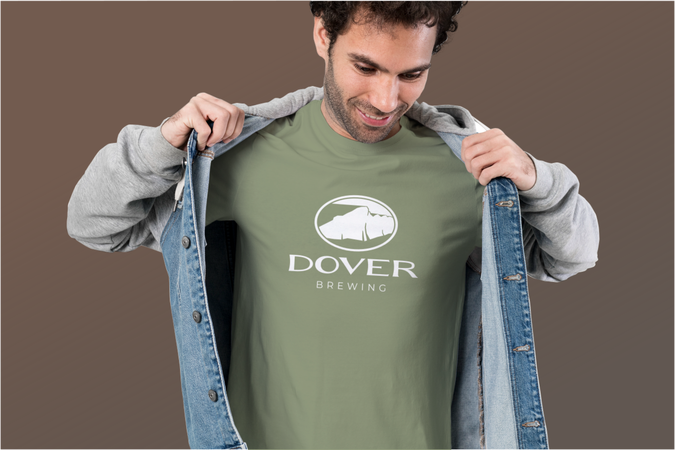 Dover Brewing logo screen printed in white on olive t-shirt